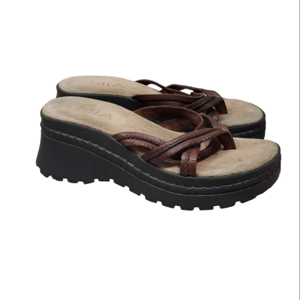 MIA Brown Leather Platform Wedge Sandals